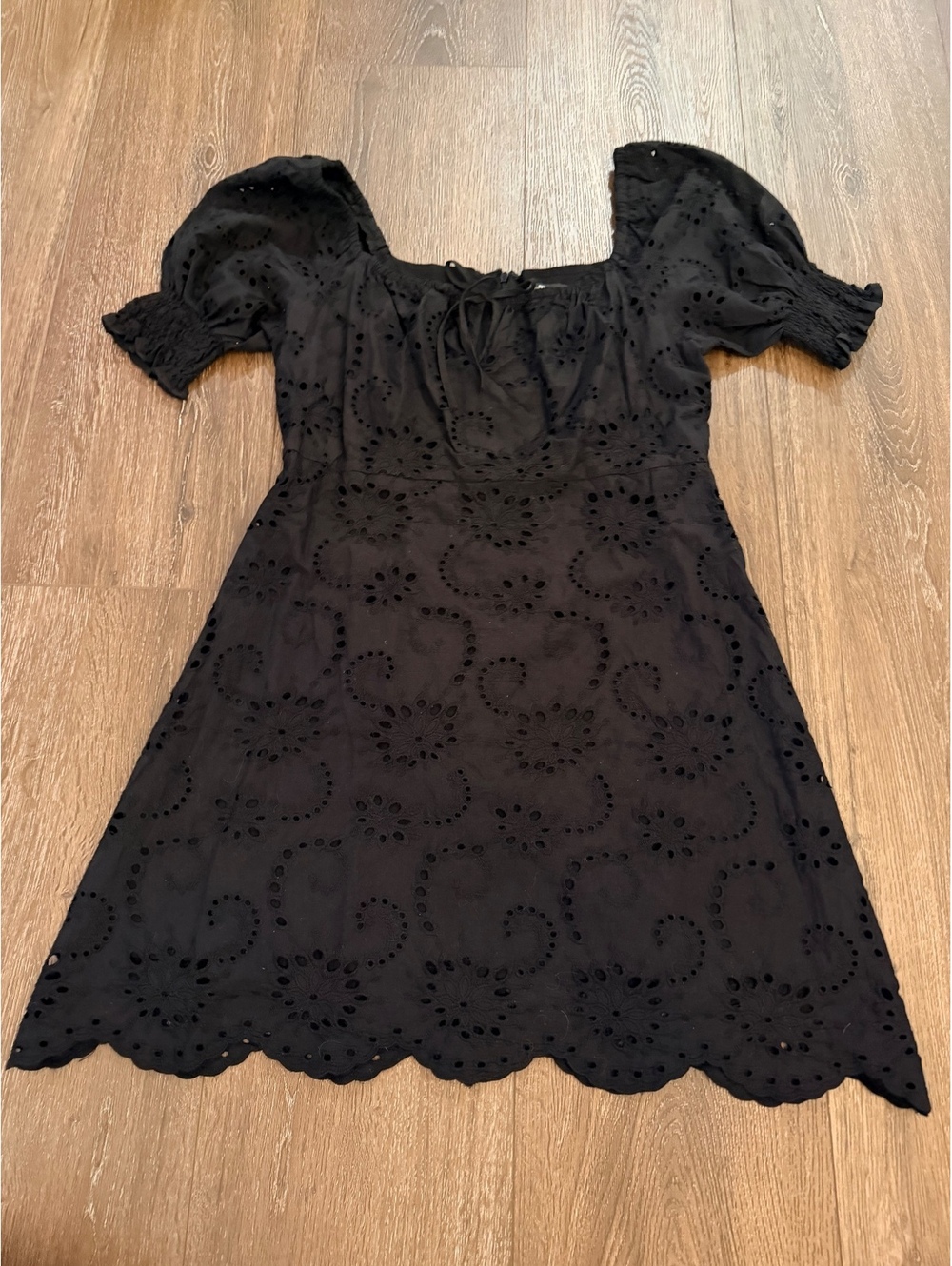 7 For All Mankind Black Eyelet Mini Dress Medium Puff Sleeve Cottagecore